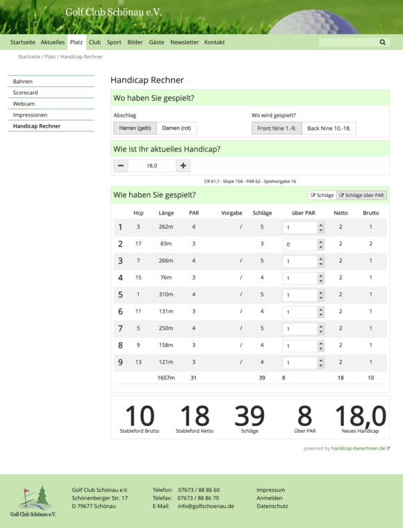 Der Handicap Rechner beim GC Schönau